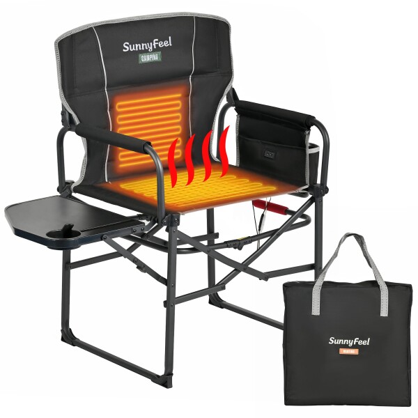 SunnyFeel 加熱アウトドアチェア 折りたたみ サイドテーブル付き レジャーチェア キャンプ アウトドア 折りたたみ椅子 コンパクト チェア 軽量 イス 椅子 ローチェア カップホルダー ベキ