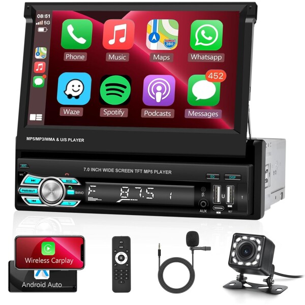 1DIN ワイヤレスCarplay＆Android Auto, 7インチHDフリップアウトタッチスクリーン車のラジオ折り畳み式 カーオーディオレシーバー/ミラーリンク/バックカメラ/FM/SWCサポートTF/USB/AUX/Type-C付き