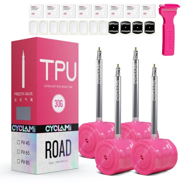 CYCLAMI 4本セット 30g TPU インナーチューブ 700x18/23/25/28/30/32C ロードバイク チューブ 自転車用 700c 超軽量 高耐久性 金属仏式バルブ長 65mm (4P-30g-65)