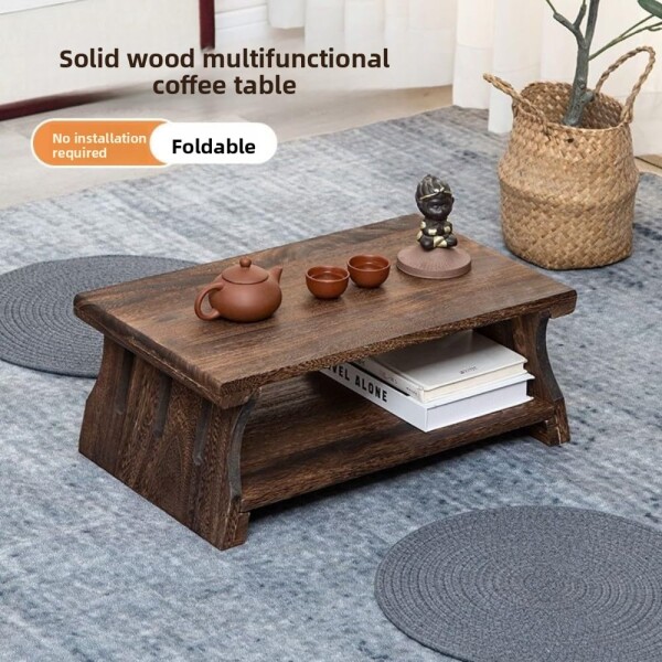 折りたたみ式実木ローテーブル 長方形畳用茶卓 座卓 小型コーヒーテーブル バルコニーやリビング用 (ブラウン Brown, 50*30*20cm)