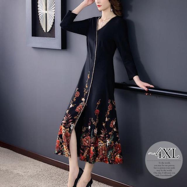 ドレス ワンピース プリント柄 花柄 Vネック Aライン スリット キラキラ 大人女性 休日スタイル 食事会 女子会 ゆったりの通販はau Pay マーケット ラッキースマイルプラザ