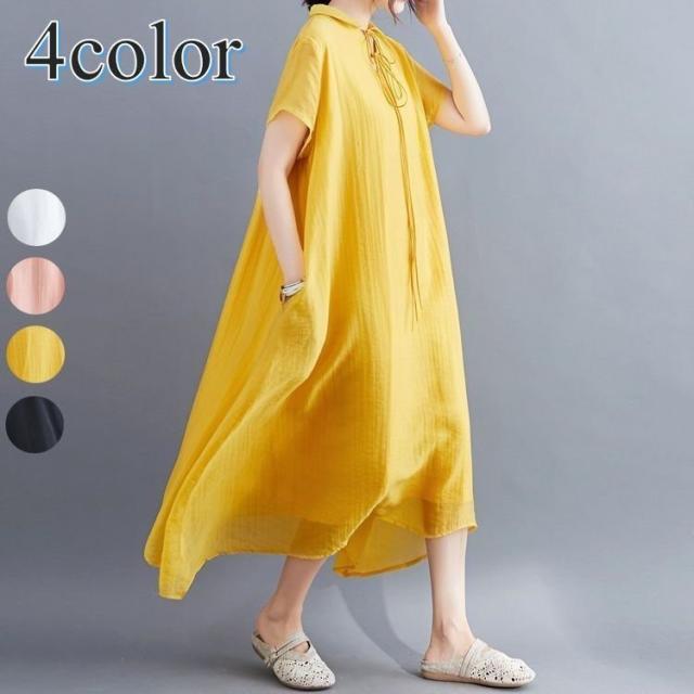 Aラインワンピース ミモレ丈 ロング 半袖 ひざ下 襟付き 首元リボン 紐 レディース 女性 ふんわり ゆったり かわいい 透け感 体型カバー の通販はau Pay マーケット ラッキースマイルプラザ