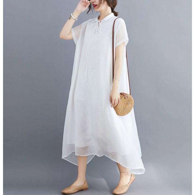 Aラインワンピース ミモレ丈 ロング 半袖 ひざ下 襟付き 首元リボン 紐 レディース 女性 ふんわり ゆったり かわいい 透け感 体型カバー の通販はau Pay マーケット ラッキースマイルプラザ