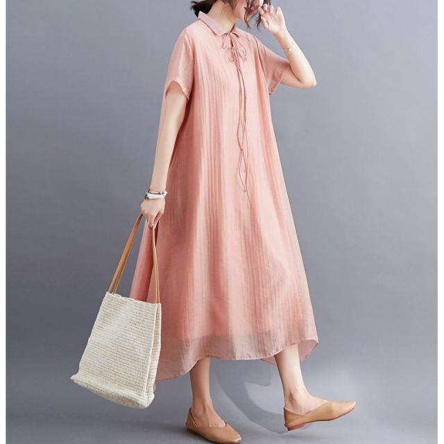 Aラインワンピース ミモレ丈 ロング 半袖 ひざ下 襟付き 首元リボン 紐 レディース 女性 ふんわり ゆったり かわいい 透け感 体型カバー の通販はau Pay マーケット ラッキースマイルプラザ