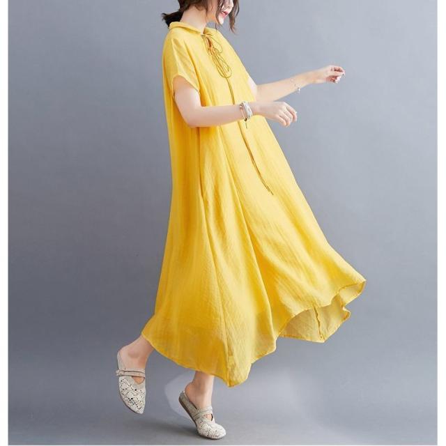 Aラインワンピース ミモレ丈 ロング 半袖 ひざ下 襟付き 首元リボン 紐 レディース 女性 ふんわり ゆったり かわいい 透け感 体型カバー の通販はau Pay マーケット ラッキースマイルプラザ