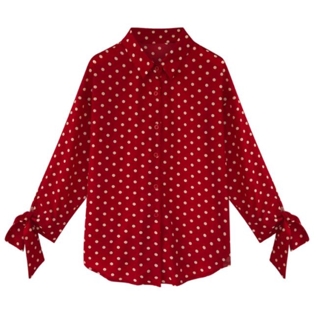 さりげない袖リボン ドット柄 大きサイズ シャツ ドットシャツ レディース 長袖シャツ ドット柄 水玉柄 ロングシャツ 長袖 シフォン 春の通販はau Pay マーケット プレッピー