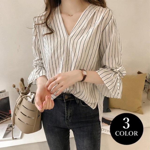 ブラウス 七分袖 レディース 女性用 夏服 春服 トップス Vネック ラッフルカフス リボン ホワイト ブルー ストライプ ゆったり カジュアの通販はau Pay マーケット Yoyo