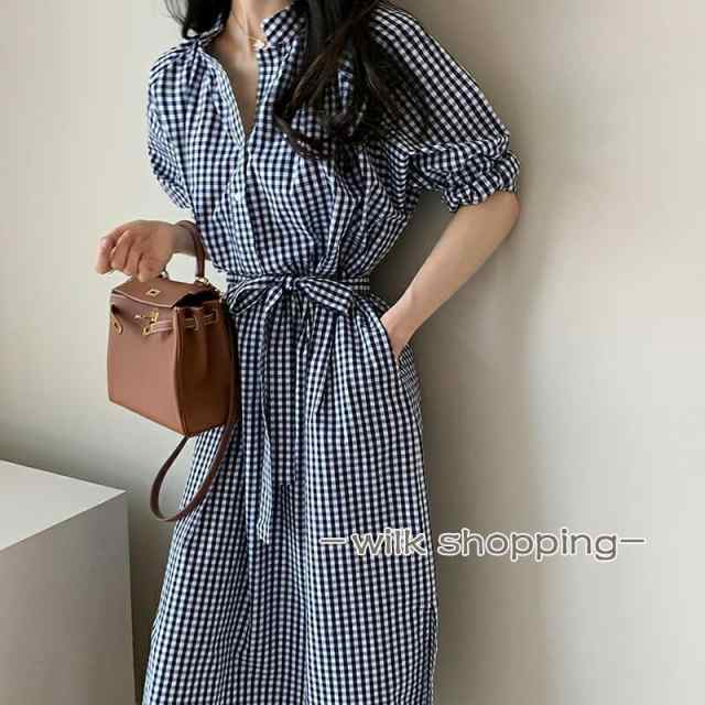 シャツワンピース ギンガムチェック ワンピース 7分袖 スタンドカラー ロング マキシ丈 夏ワンピース ゆったり 体型カバー 着痩せ シャーリング カジュアルの通販は