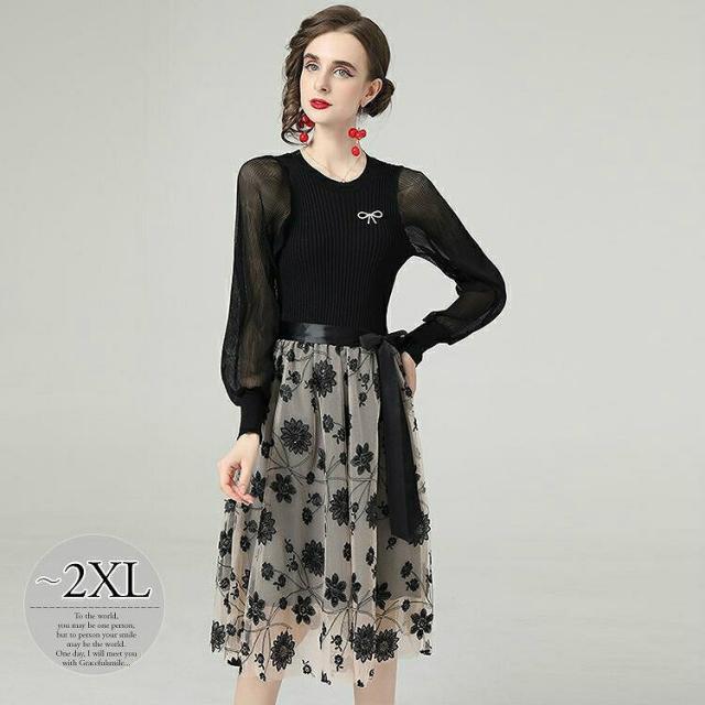 ワンピース ドッキングワンピ ラウンドネック 長袖 ニット ウエストリボン 刺繍 お出かけ リゾート フェミニン 女子会 お出かけファッション 女子旅の通販は 5,168円