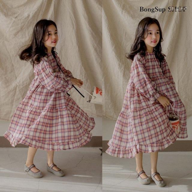 キッズ ワンピース 長袖 韓国子供服 女の子 チェック ワンピース 