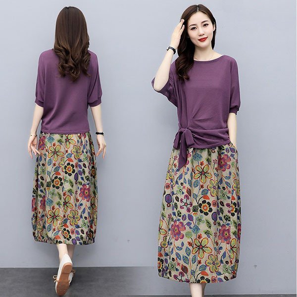 セットアップ レディース 夏服 カジュアル コーデ 40代 トップス 半袖 tシャツ カットソー ロングスカート 花柄 きれいめ 大きいサイズ おしゃれ 着痩せ 通勤