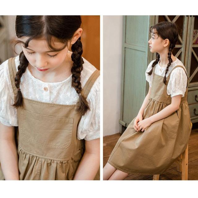 子供服 セットアップ 女の子 キッズ 夏 韓国子供服 ワンピース 森ガール 親子ワンピース 2点セットロングワンピース 白シャツ 無地 可愛い 韓国風 学院風 普段着_4