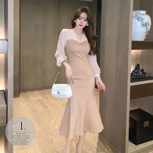 ワンピース Vネック 無地 ドッキング ナチュラルコーデ