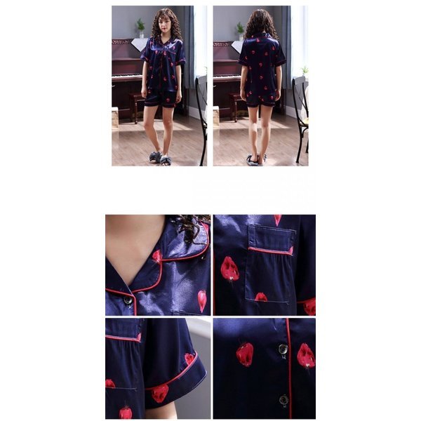 セール】夏用 レディース イチゴ柄 サテン パジャマ パイピング 半袖