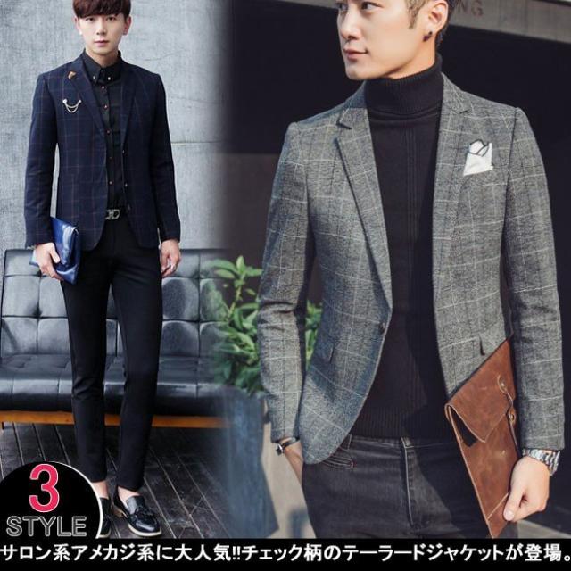 テーラードジャケット　テラジャケ　ライトジャケット　アウター　メンズ　長袖　グレンチェック　羽織り　スリム　細身　オフィス　通勤　お洒落　2020春新作