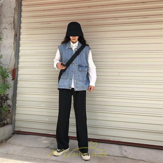 ★ JEANS★ デニムブルゾン シングルブレスト ノースリーブ デニムジャケット デニムベスト デニムアウター ゆったり