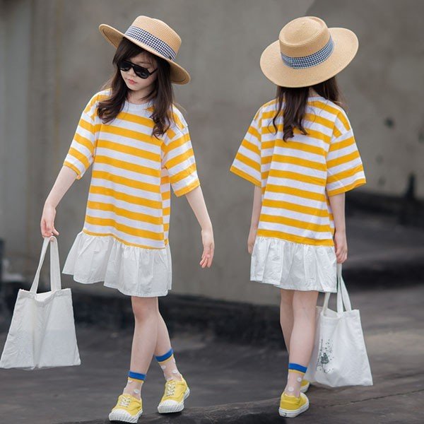 子供服 ワンピース キッズ 子供ドレス dress 親子ペア 韓国子供服 ジュニア 女子 夏 半袖 膝丈 ストライプ カジュアル おしゃれ 可愛い 通学着 通園着 新品