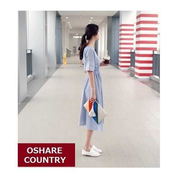 ストライプワンピースロングフレアvネック半袖夏きれいめブルー ストライプワンピースロングフレアvネック半袖夏きれいめブルー