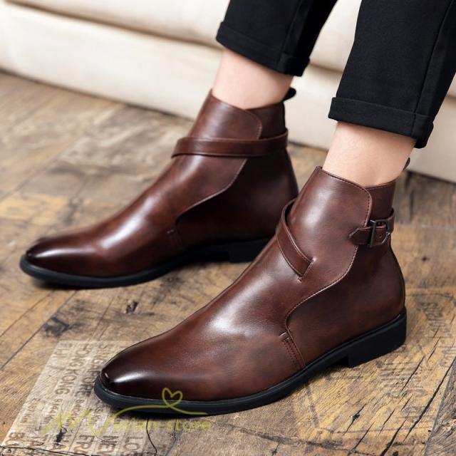 革靴 メンズ ビジネスシューズ 紐なし ベルト 通勤靴 革 ビジネス フォーマル オフィス ハイカット メンズシューズ プレーントゥ アウトドア 紳士靴 防滑ソールの通販は 7,330円