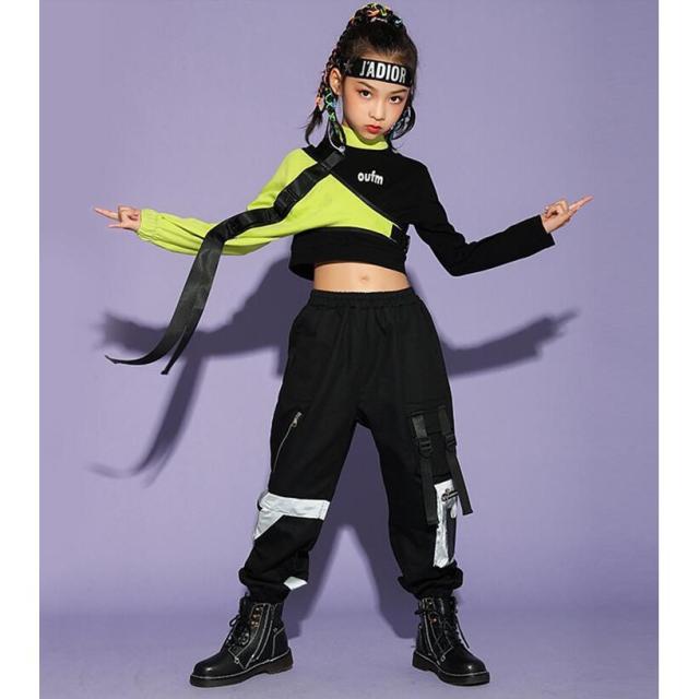 ヒップホップ ダンス衣装 キッズ ダンス衣装 トップス ダンスパンツ 子供服 カーゴパンツ ガールズ 派手 HIPHOP ジャズダンス ステージ衣装 演出服_2