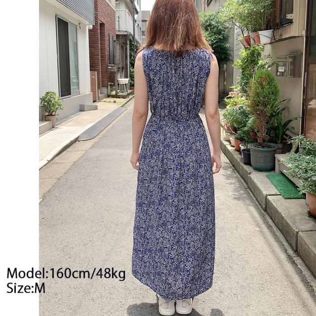 レトロ ノースリーブワンピース 花柄 ネイビー ロング丈 Ｌ レディース 綺麗め レトロ ノースリーブワンピース 花柄 ネイビー ロング丈 L