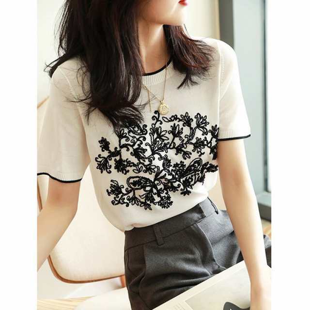 Tシャツ レディース 40代 春夏新作 オシャレブラウス 薄手ニットソー 半袖トップス 白刺繍Tシャツ レション 大人 通勤 ゆったりカットソー 韓国風 30代 50代の通販は