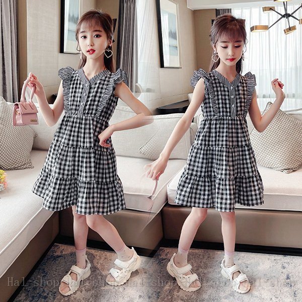 ワンピース 160 子供服 韓国子ども服 女の子 夏服 ノースリーブ チェック柄 子供ドレス 結婚式 誕生日 ベビー服 ジュニア お姫様 ...