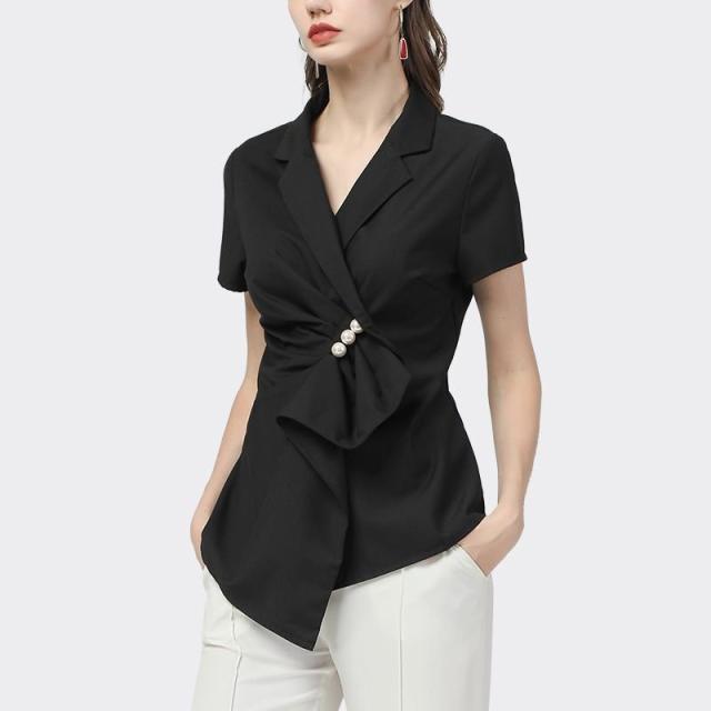 ブラウス トップス 襟付き 半袖 アシンメトリー パール ナチュラル