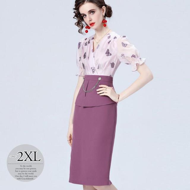 ワンピース ドッキングワンピ パフスリーブ 半袖 袖口フリル ウエスト切替 オフィスカジュアル カシュクール 蝶 膝丈ワンピース ヨーロピアン の通販は