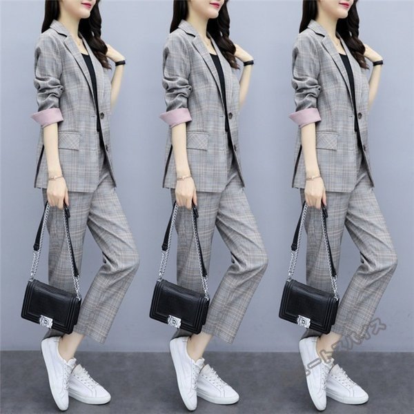 セットアップ レディース 40代 きれいめ おしゃれ 着痩せ 秋 冬 チェック柄 上下セット 2点セット テーラードジャケット スーツ 通勤 大きいサイズ 30代 50代