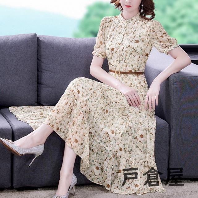 シャツワンピース レディース 40代 マキシ丈ワンピース 春夏 半袖ワンピース パフスリーブ シフォン花柄フレアスカート ゆったり オシャレ通勤 大人上品 30代