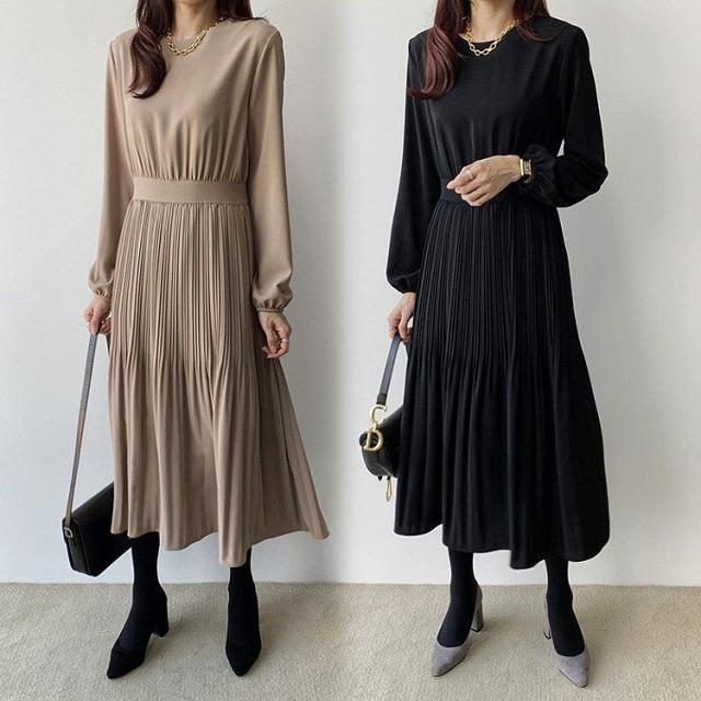 ワンピース レデイース オシャレ ロング 長袖 プリーツ フレアワンピース aライン 春夏 きれいめ 通勤 二次会 大人 30代 40代 2色 ひざ下丈
