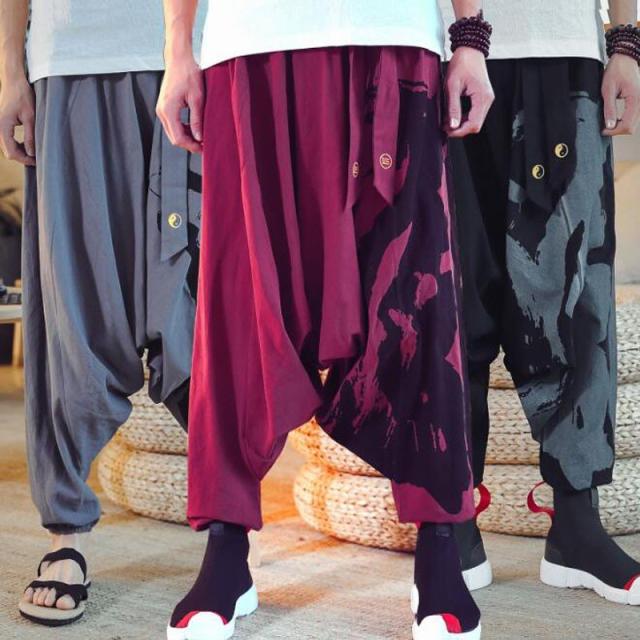 サルエルパンツプリント綿麻リネン通気性カーゴパンツワイドパンツ