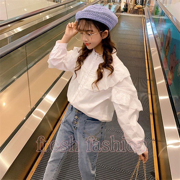 ブラウス キッズ 長袖 韓国子供服 女の子 トップス レースシャツ V 