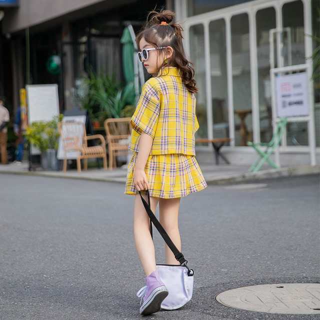 子供服 セットアップ 夏 韓国子供服 女の子 ジュニア キッズ 上下セット 2点セット 半袖 Tシャツ ミニスカート チェック柄 可愛い おしゃ