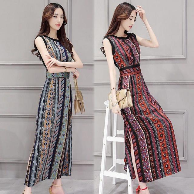 ワンピース レディース 春夏 ノースリープ 花柄 マキシ丈 ワンピース Aライン ロング 韓国風 オシャレ 着痩せ 上品 新作 ドレス 民族風の通販は