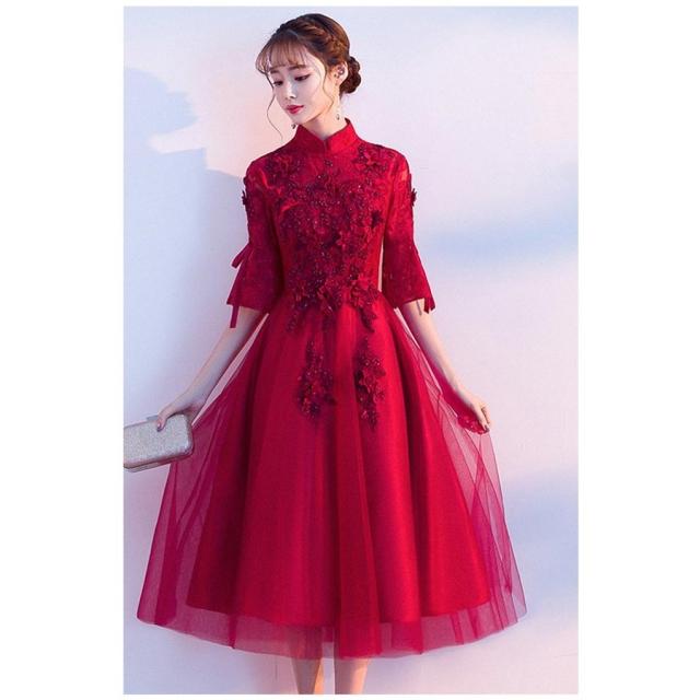 ドレス パーティードレス ドレス レディース ワンピース 袖あり フレア袖 シースルー リボン 結婚式 卒業式 成人式 五分袖 着痩せ 二次会 30代 ドレス パーティードレス ドレス レディース ワンピース 袖あり フレア