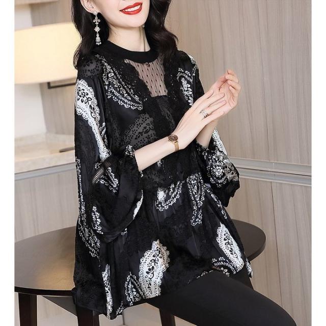 ブラウス レディース 40代 春夏 オシャレブラウス シフォンブラウス レース切り替え おしゃれ プリント 半袖トップス カジュアル韓国風 通勤 ゆったりtシャツ