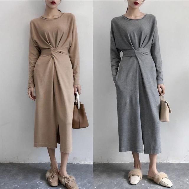 レディース ニットワンピース スリット 長袖 膝丈 春夏 お呼ばれ オフィス カシュクール 無地 プリーツワンピース 体型カバー 着痩せ お洒落 上品 大人 通勤の通販は 4,545円