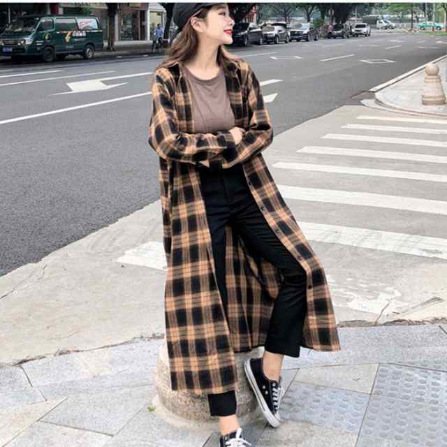 ロングシャツ レディース 長袖 チェック柄 超ロング シャツ