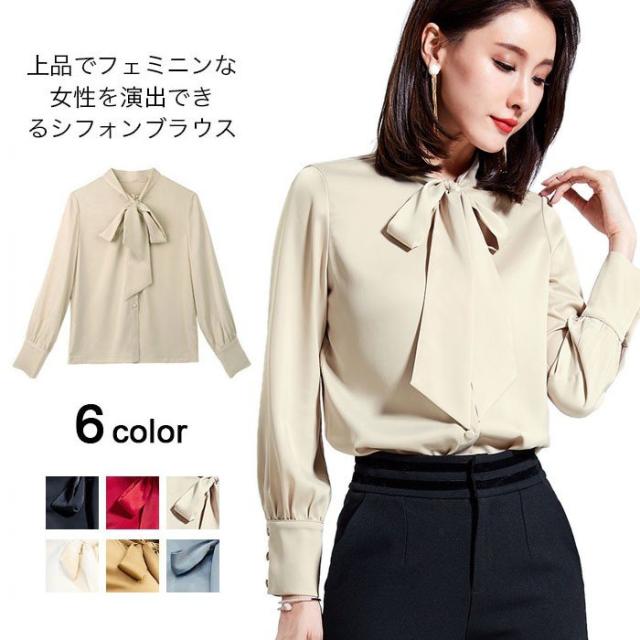 シフォンブラウス レディース シャツブラウス 長袖ブラウス カジュアルブラウス トップス リボン付き カラーバリの通販はブラウス