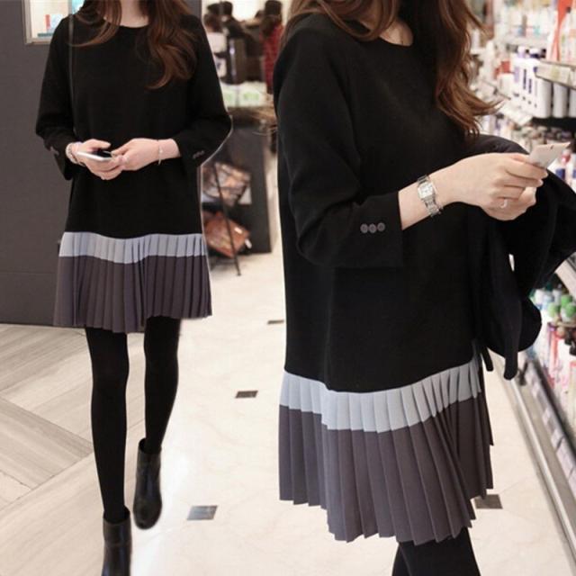 ワンピース レディース 40代 ワンピース 秋 きれいめ膝丈ワンピース 上品 長袖 配色プリーツワンピースチュニック 着痩せ 通勤 結婚式ドレス お出かけ 韓国風の通販は 7,451円