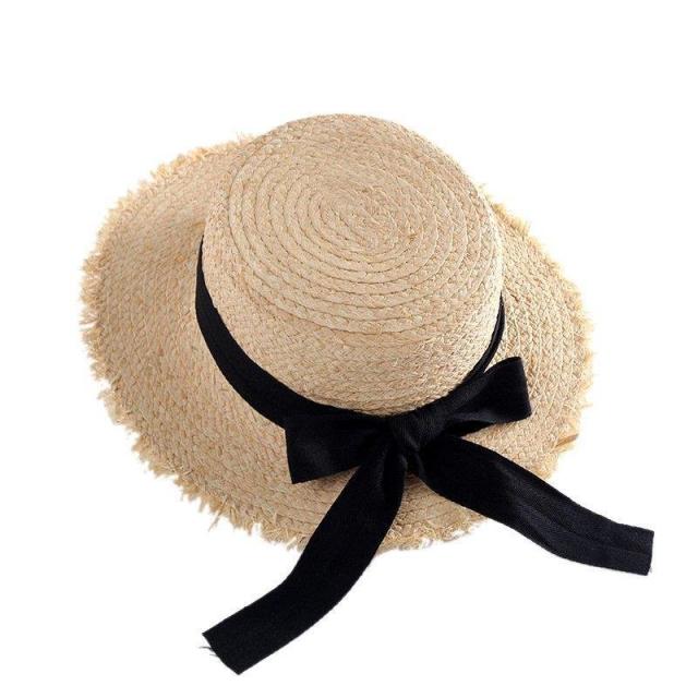 田中帽子店 ベージュ ストロー広つばハット 黒リボン付き 調整可能59cm