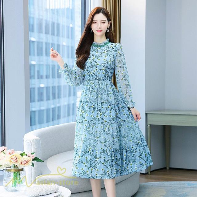Aラインワンピース レディース ゆるワンピース ゆったり 長袖 花柄