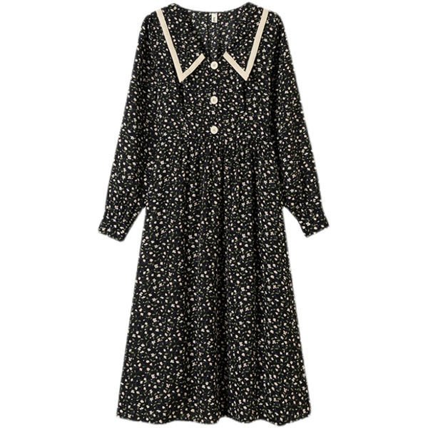 花柄ロングワンピース 長袖 ホワイト・ブラック Lace Ladies 花柄ワンピース フラワープリント ワンピース 小花