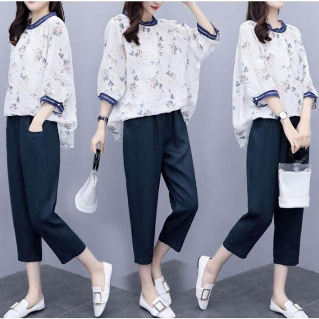 セットアップ レディース カジュアル 夏 40代 きれいめ  五分袖 七分丈パンツ   2点セット 体型カバー 通勤 OL オシャレ 大人 上品 着痩せ セットアップ レディース カジュアル 夏 40代 きれいめ 五分袖 七分丈