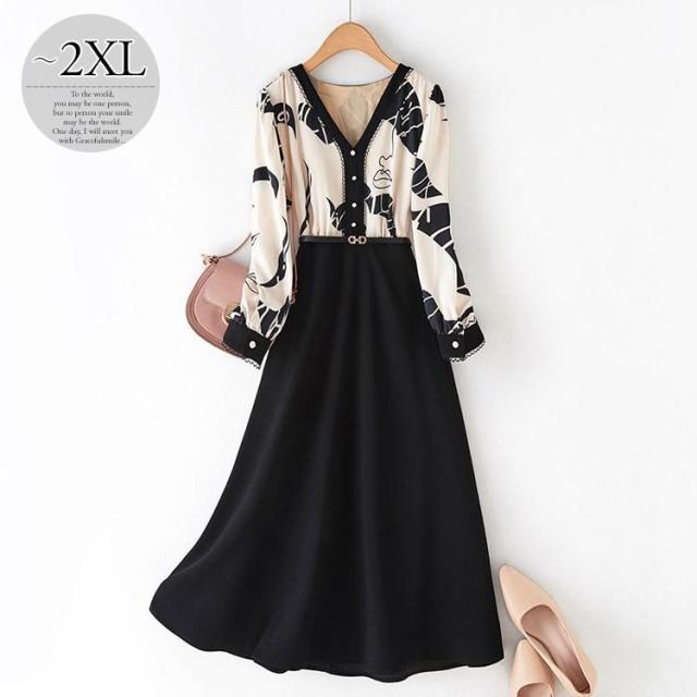ワンピース プリント柄 長袖 Vネック レース とろみ Aライン ウエストマーク ロングワンピース 袖ボタン ベルト ボタン クラシカル ナチュラル 女子会/