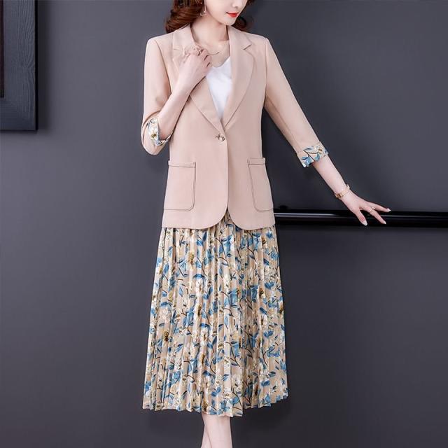 セットアップ ジャケット スカート 花柄 アコーディオンプリーツ 膝下丈 ボタン 上品 ナチュラル 美人 ドライブ かわいい フェミニン 食事会 シック セットアップ ジャケット スカート 花柄 アコーディオンプリーツ 膝下