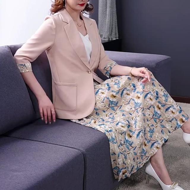 セットアップ ジャケット スカート 花柄 アコーディオンプリーツ 膝下