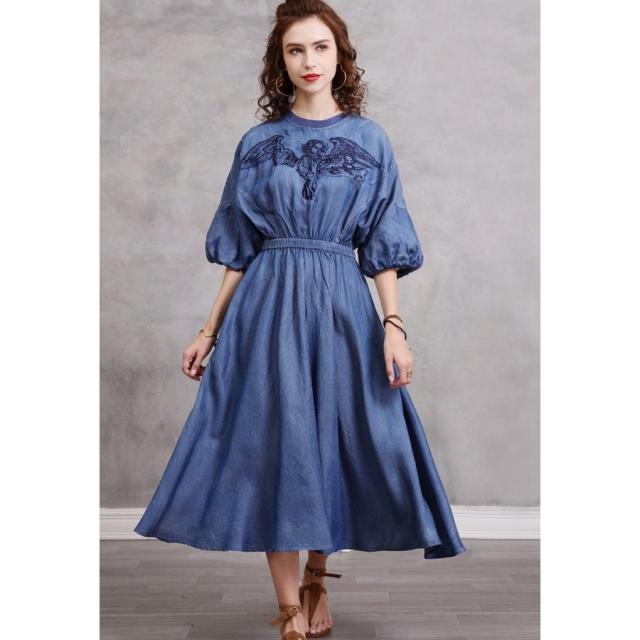 デニムワンピース レディース マキシワンピース 半袖 ゆったり ロング オシャレ デニムワンピース 着痩せ 大きいサイズ 通勤 通学 カジュアル ママ服 キレイめ